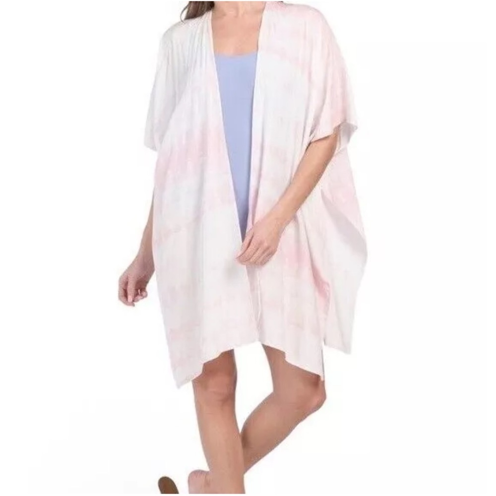 Steve Madden One Size Pink White Tie Dye Open Viscose Kimono Cover Up Wrap